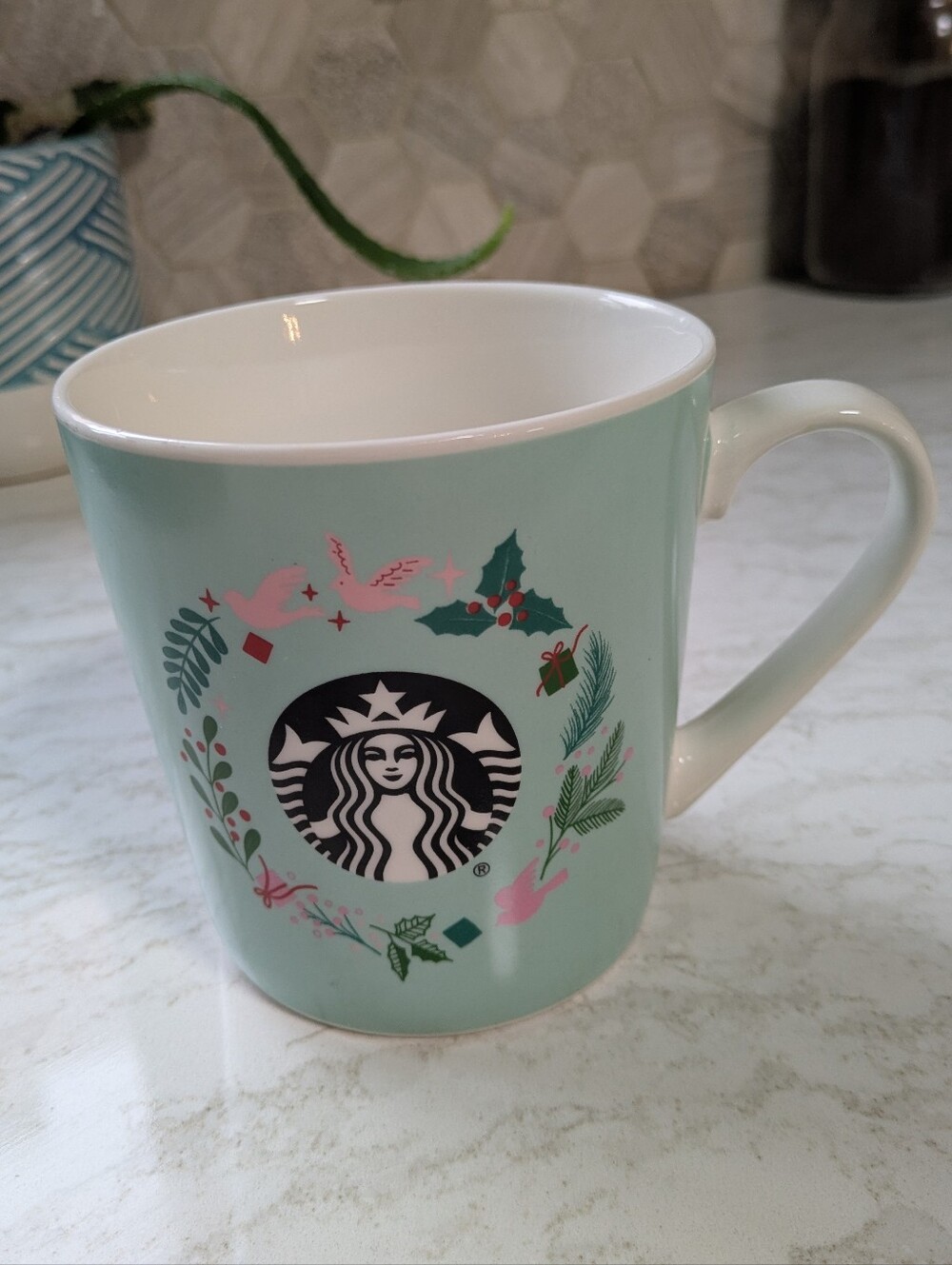 Starbucks Mint Green Ceramic Mug with Holiday Wreath Design 2019
